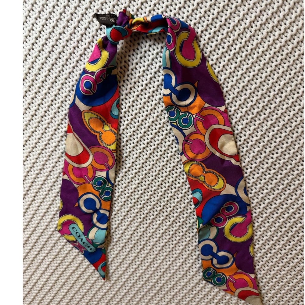 Coach Multi Color Signature C Logo 100% Silk Skinny Scarf Bag Tie Accessory